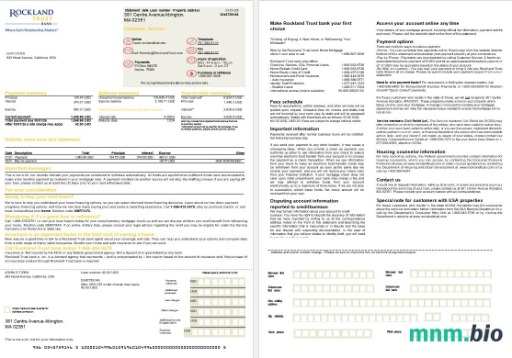 USA Massachusetts Rockland Trust Bank wyciąg z kredytu hipotecznego w formatach Word i PDF, 2 strony